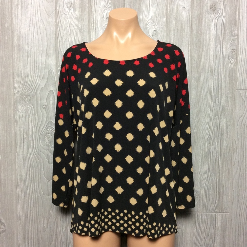 Chico's Black Blouse with Red and Cream Pattern